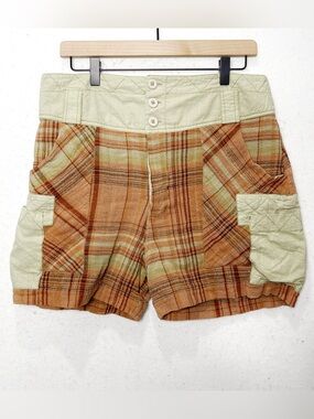 Free People Cargo Plaid Shorts Sage Green Rust Size 10 Boho Festival High Waist